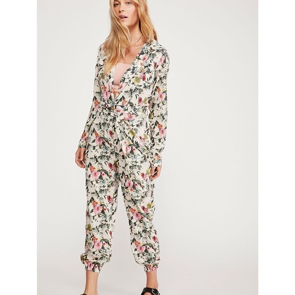 Free People Sierre One Piece Floral Cream Jumpsuit with Pink and Green Print